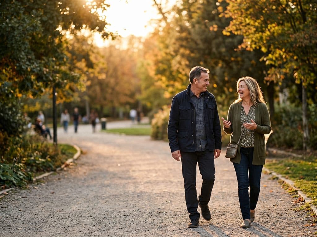 Pareja paseando relajada por un parque de Ponferrada al atardecer