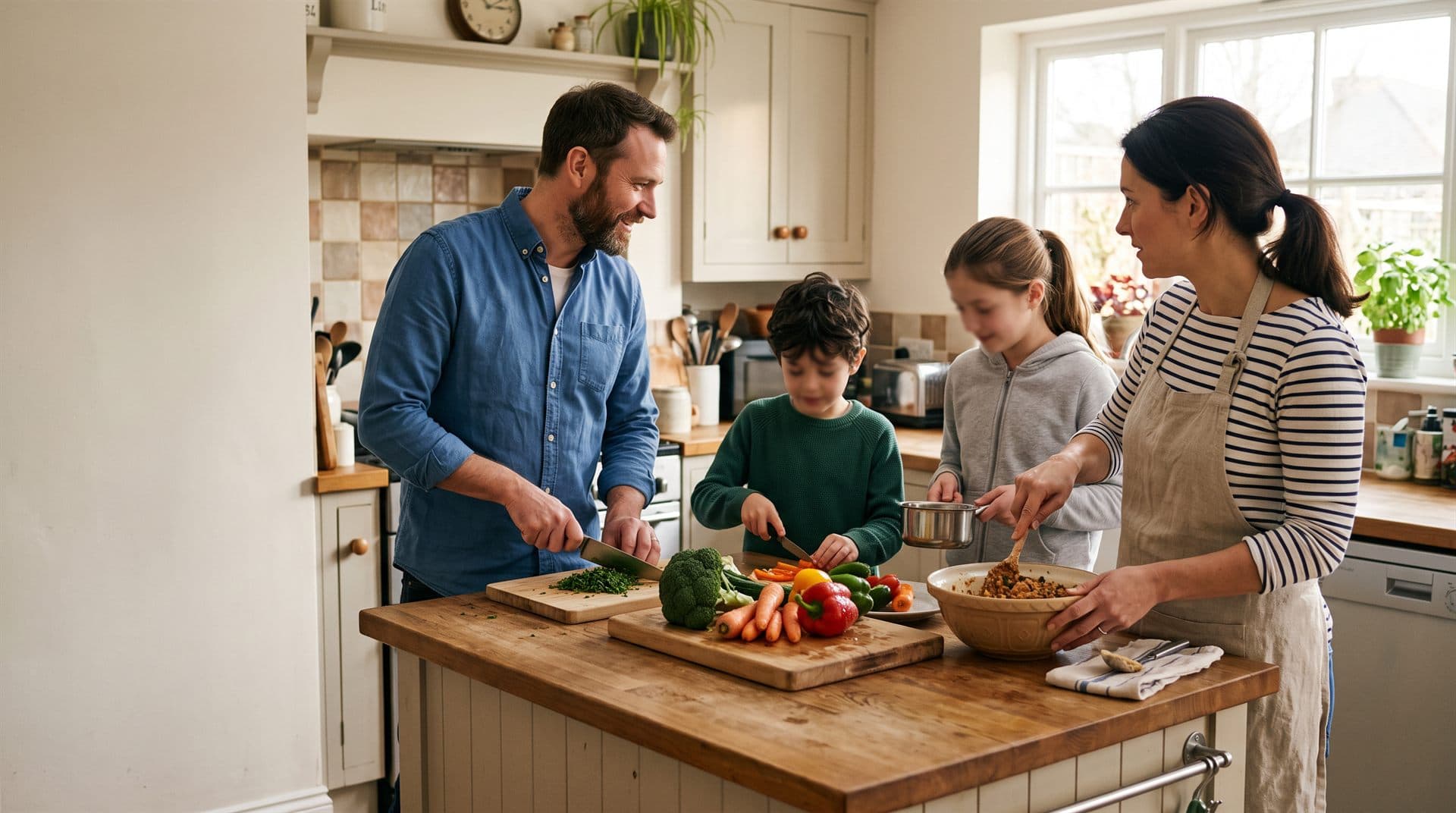 Familia preparando la comida junta en la cocina de casa