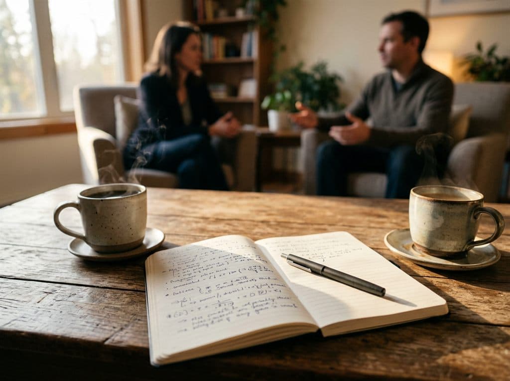 Libreta y cafés sobre la mesa durante una sesión de coaching personal en Ponferrada