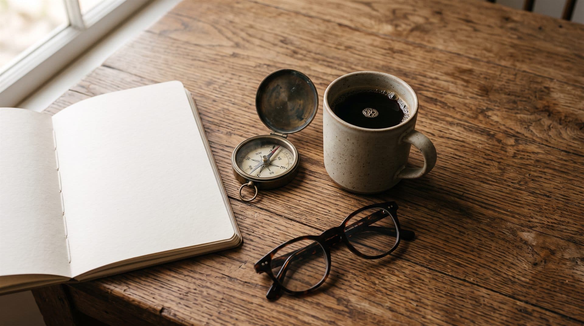 Cuaderno y brújula sobre la mesa, herramientas del coaching personal en El Bierzo