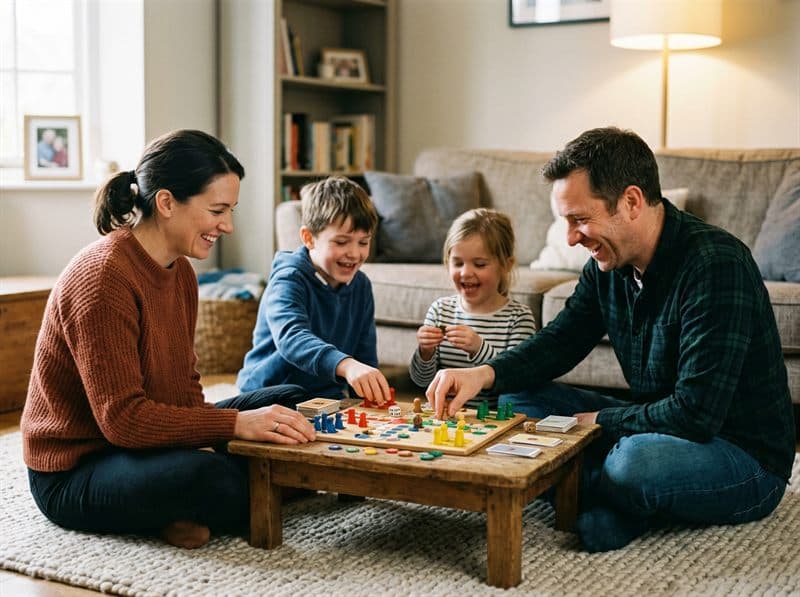 Familia jugando junta a un juego de mesa en el salón
